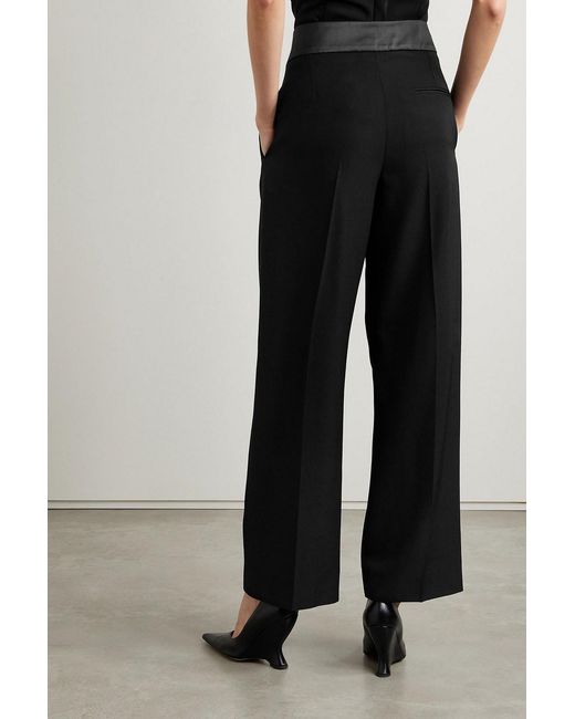 Stella McCartney Black Pleated Satin-trimmed Wool-crepe Straight-leg Pants
