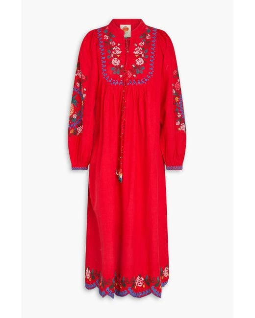 Farm Rio Red Embellished Linen-blend Midi Dress
