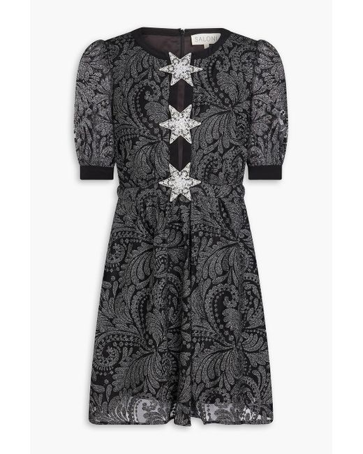 Saloni Black Aura Metallic Embroidered Tulle Mini Dress