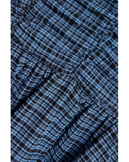 Ganni Blue Kariertes minikleid aus stretch-seersucker mit raffungen