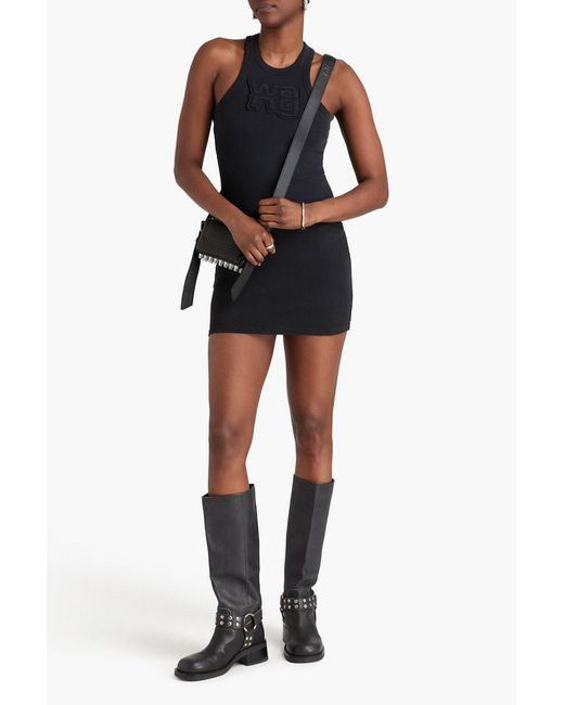T By Alexander Wang Black Distressed Ribbed Cotton-Blend Jersey Mini Dress