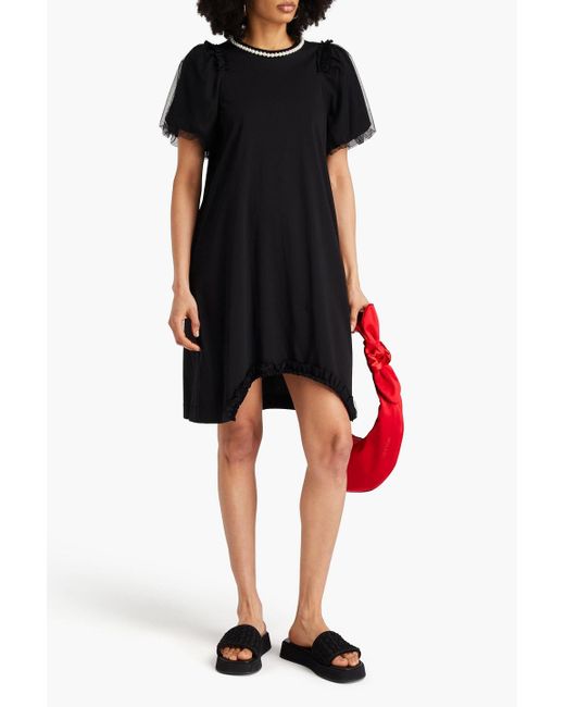 Simone Rocha Black Tulle-trimmed Feather-embellished Cotton-jersey Dress