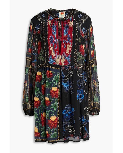 Farm Rio Gray Bead-embellished Printed Crepe De Chine Mini Dress