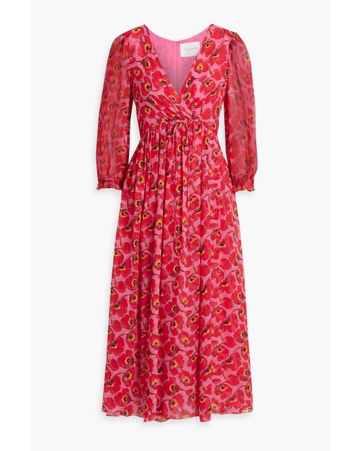 Carolina Herrera Red Wrap-effect Floral-print Silk-chiffon Midi Dress