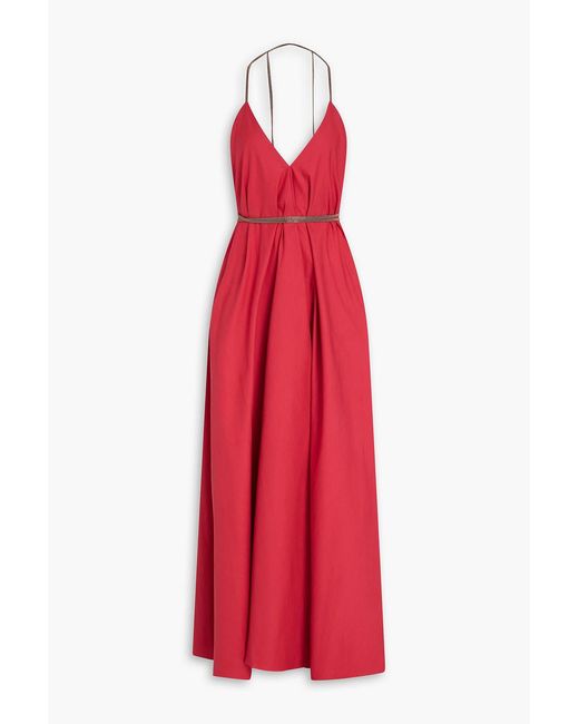 Brunello Cucinelli Red Bead-Embellished Cotton-Poplin Maxi Dress