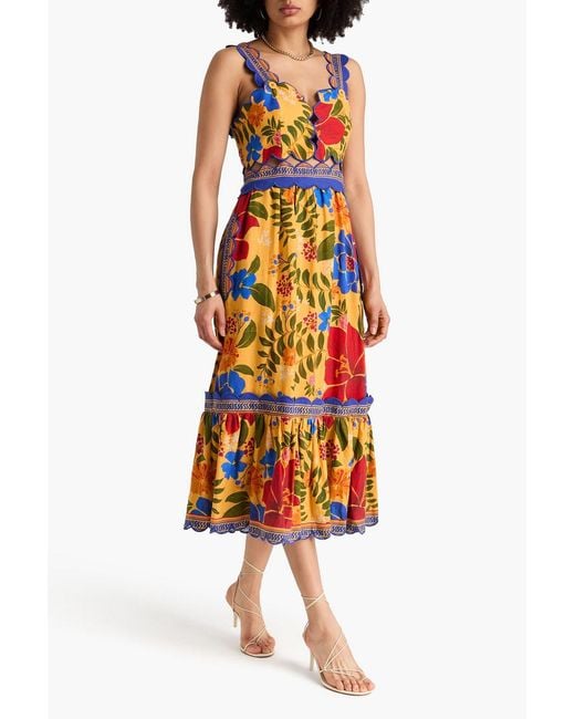 Farm Rio Orange Cutout Floral-Print Linen-Blend Midi Dress