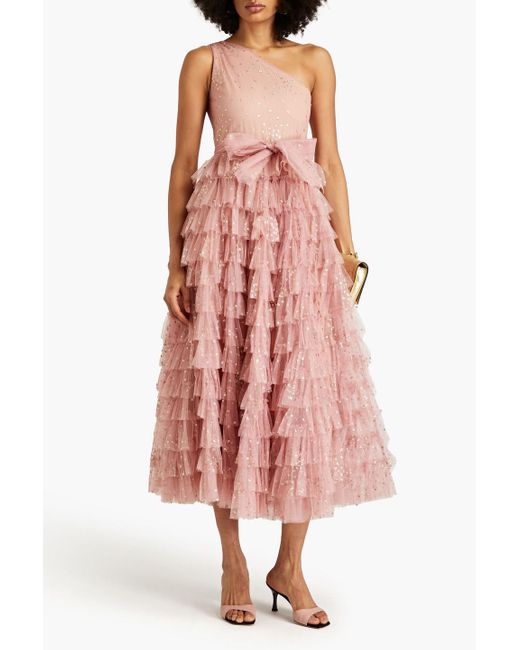 RED Valentino Pink One-shoulder Tiered Glittered Tulle Midi Dress