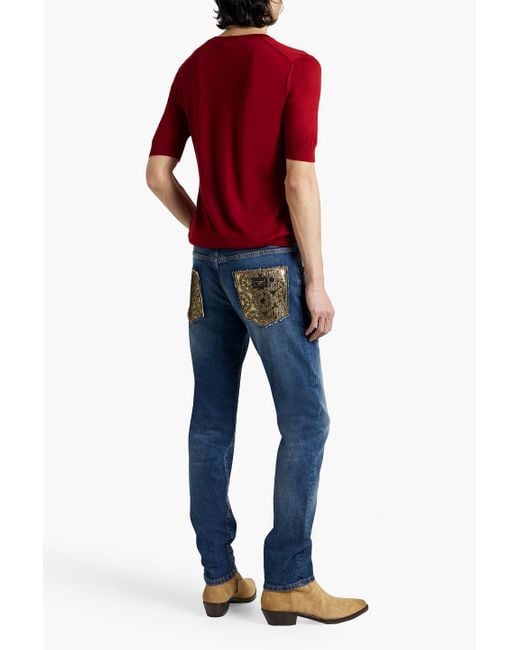 Dolce & Gabbana Red Slim-fit Embellished Cashmere T-shirt for men
