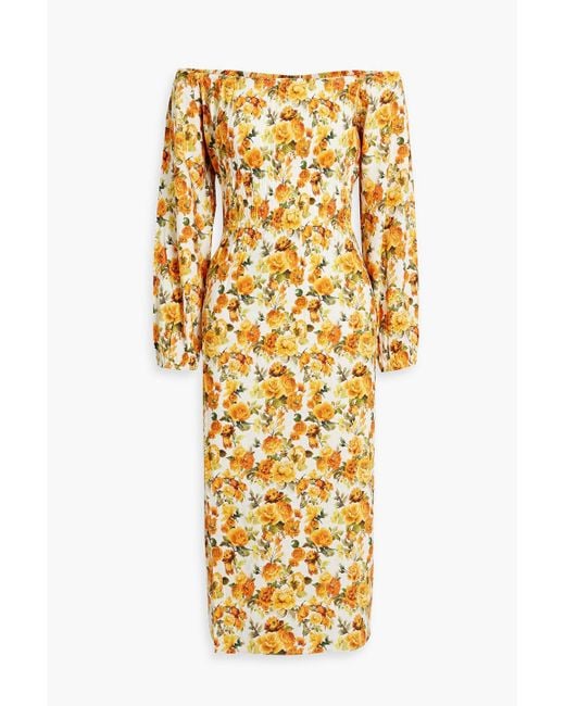 Onia Metallic Off-the-shoulder Shirred Floral-print Linen-blend Midi Dress