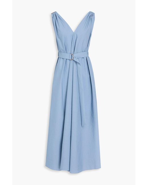 Brunello Cucinelli Blue Belted Cotton-Blend Poplin Midi Dress