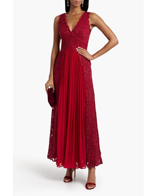 Zac Posen Red Pleated Corded Lace And Chiffon Gown