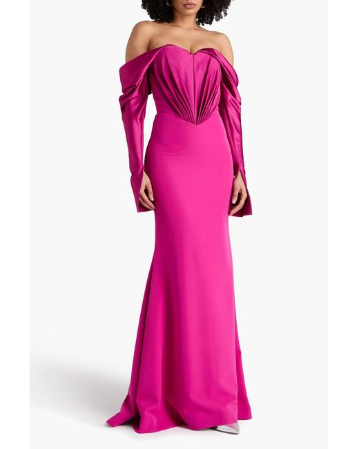 Rhea Costa Pink Off-the-shoulder Draped Satin Gown