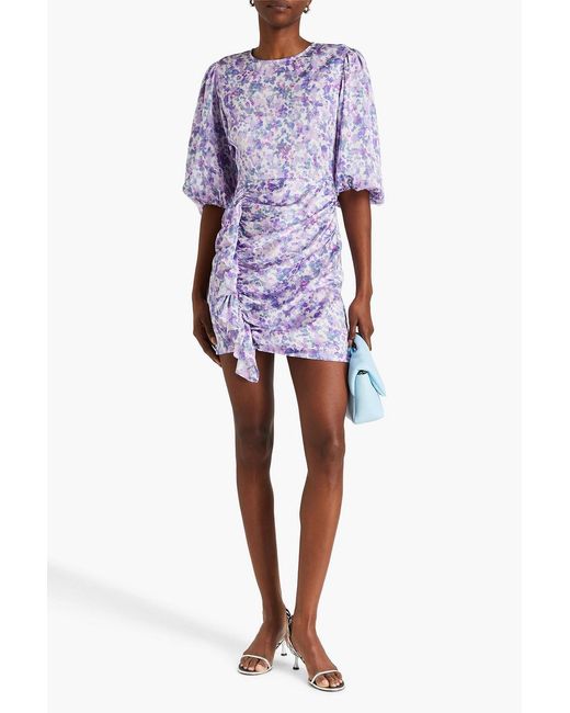 Maje Purple Ruffled Printed Satin Mini Dress