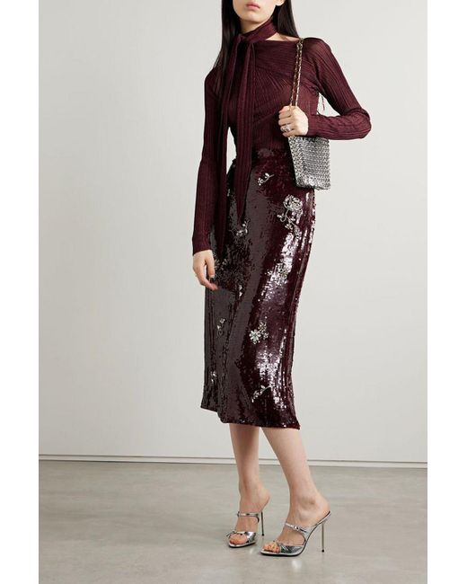 Rabanne Purple Tie-detailed Metallic Plissé-knit Sweater