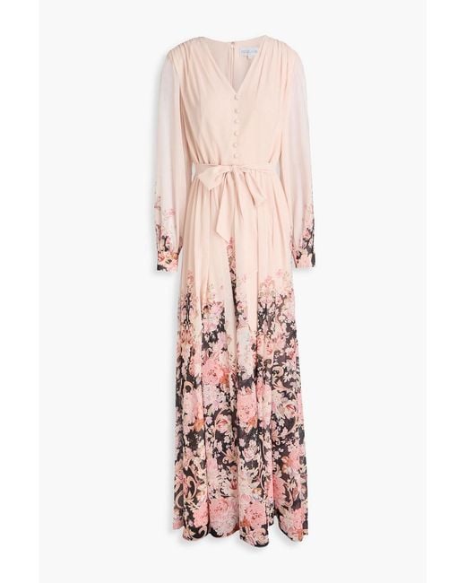 Mikael Aghal Pink Belted Floral-print Crepe De Chine Maxi Dress