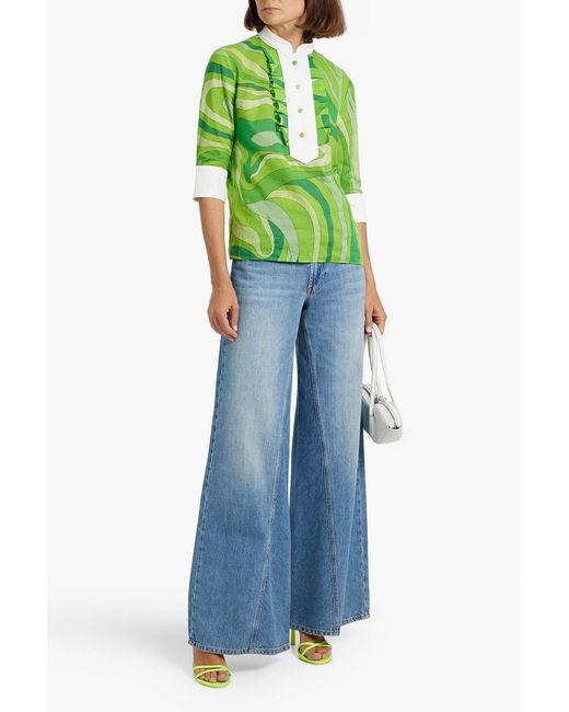 Emilio Pucci Green Ruffled Printed Cotton-blend Gauze Shirt