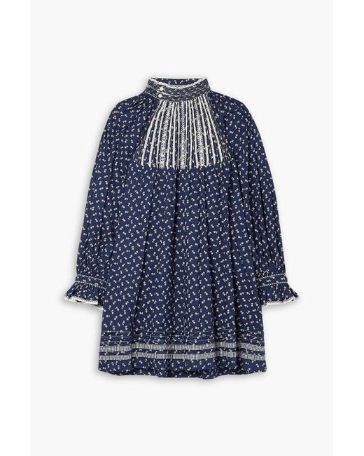 Doen Blue Beatrice Crochet Lace-trimmed Floral-print Cotton-poplin Mini Dress