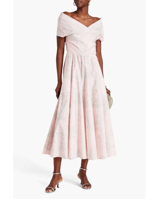 Philosophy Di Lorenzo Serafini Pink Off-the-shoulder Printed Cotton-poplin Midi Dress