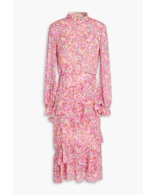 Saloni Pink Isa Ruffled Floral-Print Silk-Chiffon Midi Dress