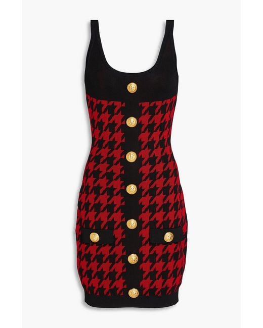 Balmain Women's Red Houndstooth Jacquard-Knit Mini Dress Balmain Women's Red Houndstooth Jacquard-Knit Mini Dress