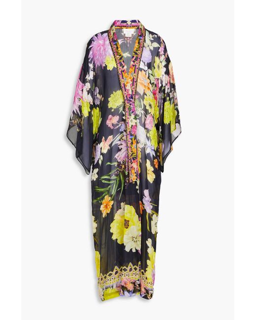 Camilla Blue Crystal-embellished Printed Silk-chiffon Kimono