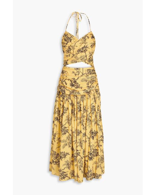 Carolina Herrera Metallic Cutout Floral-Print Stretch-Cotton Poplin Maxi Halterneck Dress