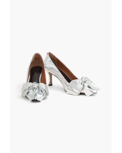 Maje White Bow-detailed Mirrored-leather Pumps