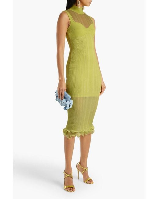 Hervé Léger Yellow Illusion Ruffle Midaxi Dress