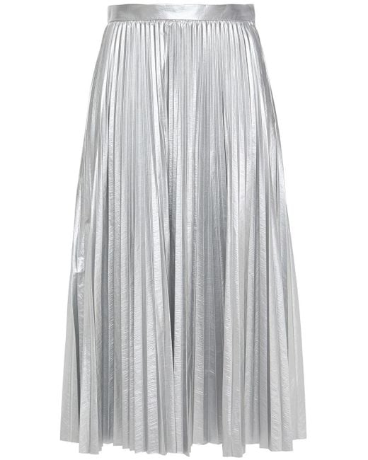 Tibi Metallic Pleated Lamé Midi Skirt Silver