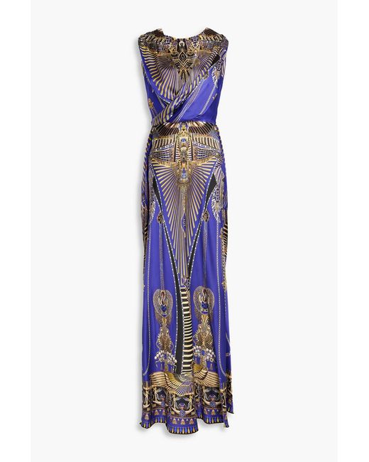 Camilla Blue Printed Embellished Silk-Satin Maxi Dress