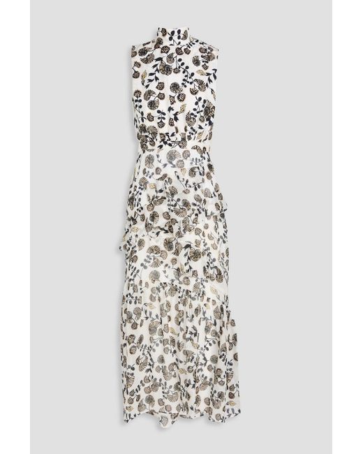 Saloni White Fleur Ruffled Printed Silk-Georgette And Jacquard Midi Dress