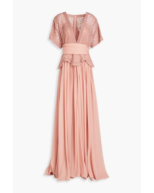 Elie Saab Pink Embellished Tulle-paneled Silk-blend Gown