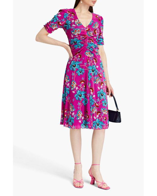 Diane von Furstenberg Purple Koren Reversible Ruched Floral-print Stretch-mesh Dress