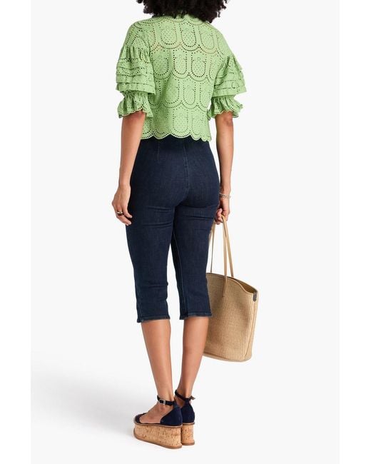 Farm Rio Green Pintucked Broderie Anglaise Cotton Shirt