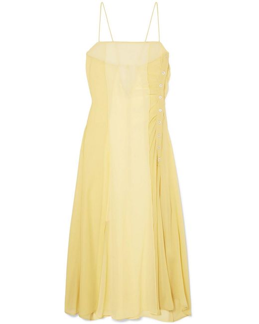 Acne Yellow Delila Button-detailed Silk-chiffon And Crepe De Chine Midi Dress