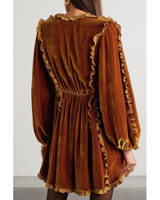 Ulla Johnson Brown Erika Ruffled Satin-trimmed Velvet Mini Dress
