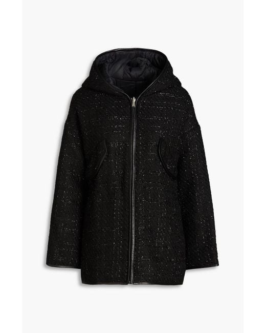 Maje Black Reversible Metallic Bouclé-tweed And Shell Hooded Jacket