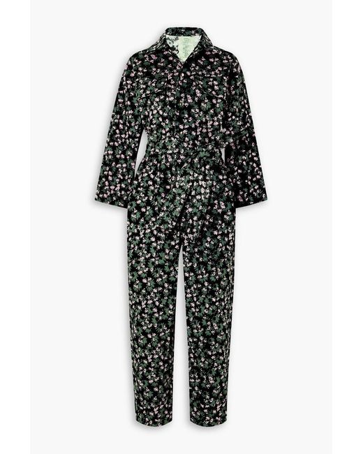 Yvonne S Black Belted Floral-print Cotton-corduroy Jumpsuit