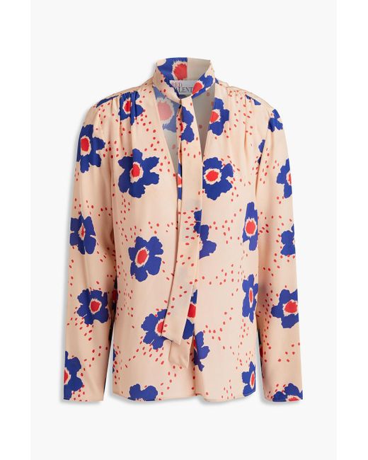 RED Valentino Pink Pussy-bow Floral-print Silk Crepe De Chine Blouse