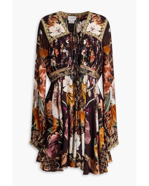 Camilla Multicolor Embellished Floral-Print Mousseline Mini Dress