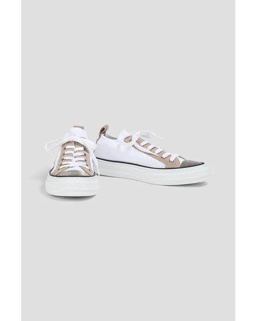Brunello Cucinelli White Bead-Embellished Suede And Stretch-Knit Sneakers
