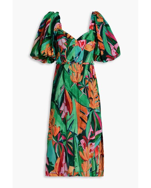 Farm Rio Green Ruffled Printed Cotton-Blend Midi Dress