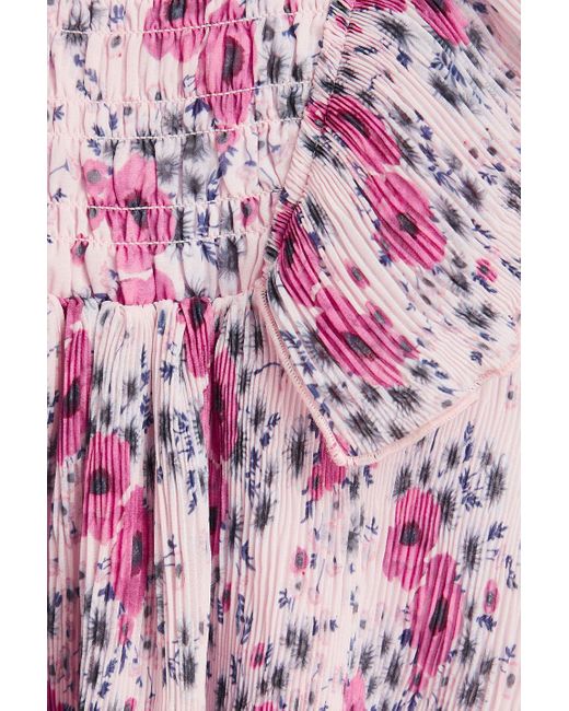 Ganni Pink Shirred Floral-print Crepon Mini Dress