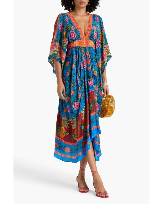 Farm Rio Blue Cutout Floral-print Crepe De Chine Midi Dress