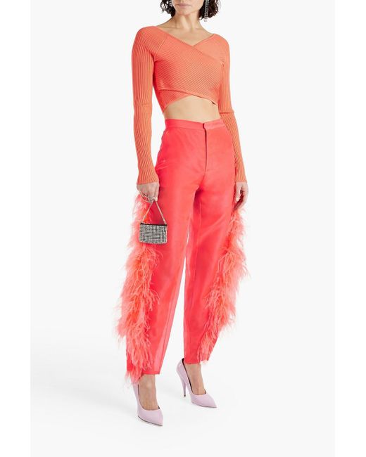 LAPOINTE Feather-embellished Silk-organza Tapered Pants | Lyst UK