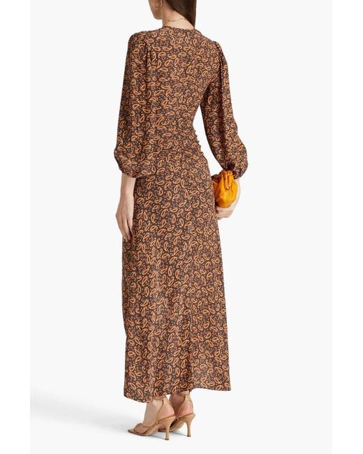 Maje Brown Ricateli Cutout Ruched Paisley-print Crepe Dress