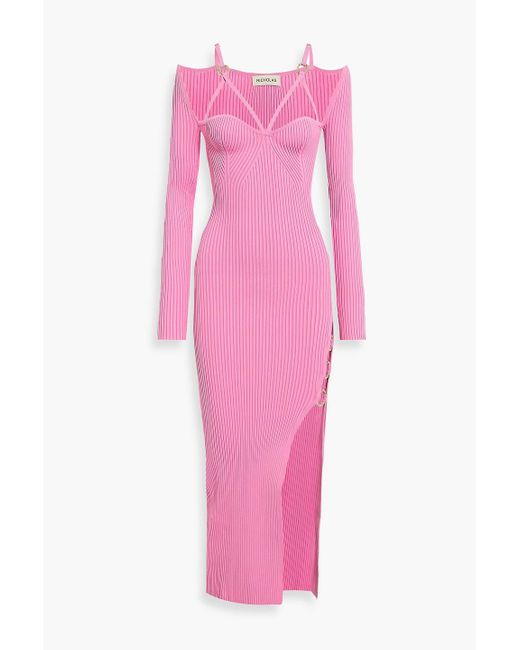 Nicholas Pink Janet Ring-embellished Ribbed-knit Midi Dress