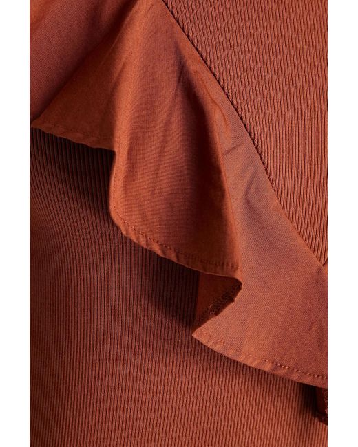 Veronica Beard Brown Avalon Poplin-Trimmed Pima Cotton-Blend Turtleneck Top
