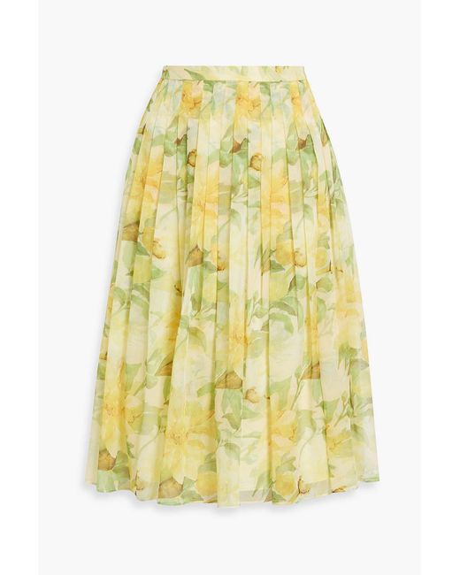 Mikael Aghal Yellow Pleated Floral-Print Chiffon Skirt