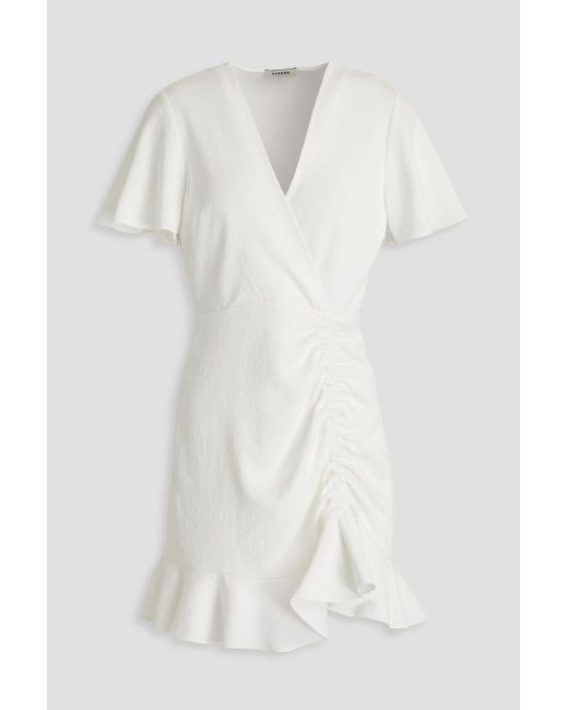 Sandro White Wrap-effect Ruched Piqué Mini Dress